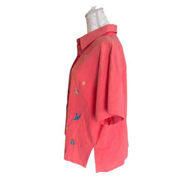 Vintage Coral Pink Embroidered Button-Up Shirt Whimsical Cotton Top Sz Large - Picture 10 of 14
